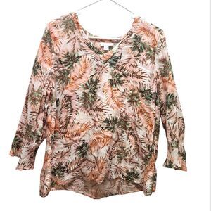J. Jill Love Linen Women’s Size S Popover Top Tropical Print 3/4 Sleeve V-Neck